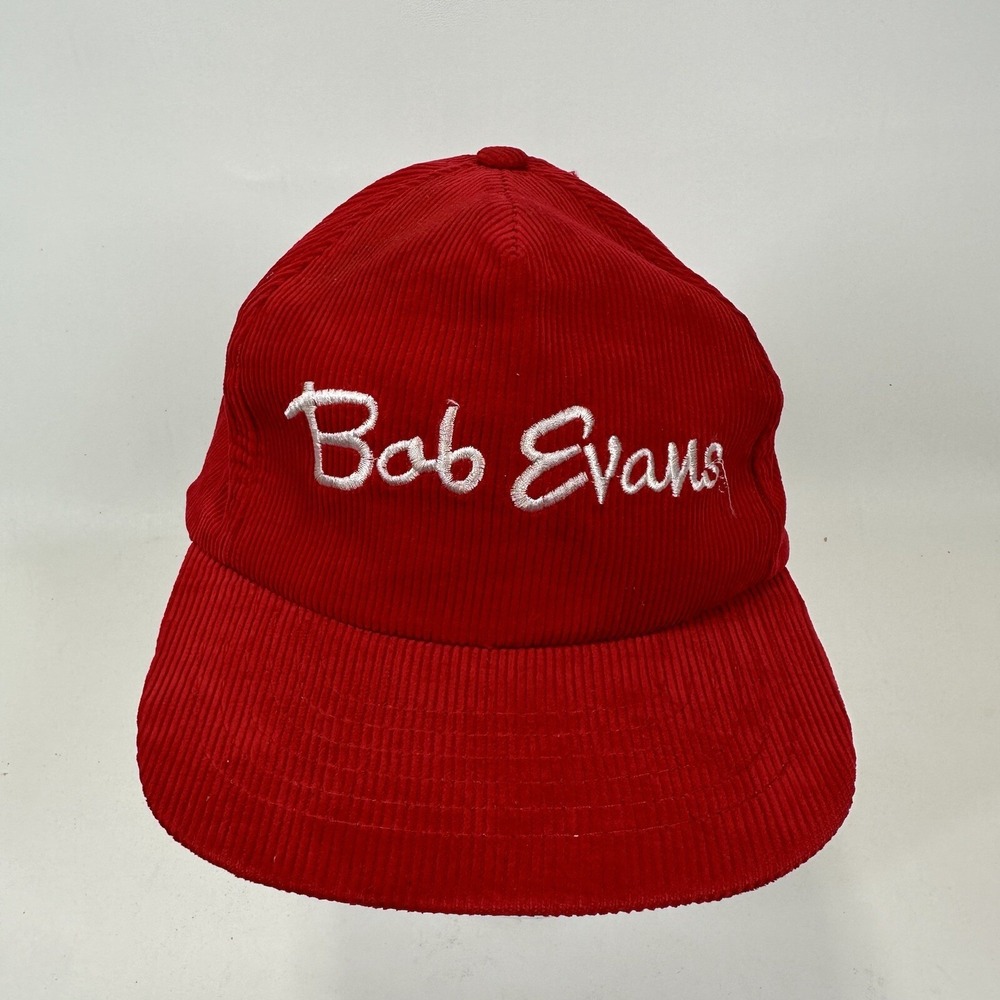 Bob Evans Hat Cap Snap Back Red White Restaurant Corduroy Mens VINTAGE